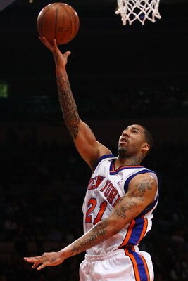 NEW YORK - FEBRUARY 23:  Wilson Chandler #21 of the New York Knicks lays the ball up during the game against the Indiana Pacers at Madison Square Garden February 23, 2009 in New York City.  The Knicks won 123-119.  NOTE TO USER: User expressly acknowledge