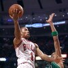 CHICAGO - APRIL 23: Derrick Rose #1 of the Chicago Bulls drives to the basket past Mikki Moore #7 of the Boston Celtics in Game Three of the Eastern Conference Quarterfinals during the 2009 NBA Playoffs at the United Center on April 23, 2009 in Chicago, I