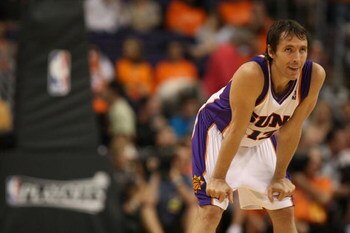 PHOENIX - APRIL 25:  Steve Nash #13 of the Phoenix Suns looks on near the end the game against the San Antonio Spurs during Game Three of the Western Conference Quarterfinals during the 2008 at NBA Playoffs at the at U.S. Airways Center on April 25, 2008.
