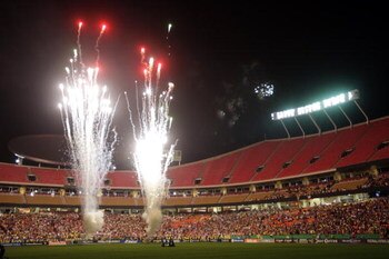 KANSAS CITY, MO - SEPTEMBER 16: Fireworks light up the playing prior to the Mexican First Division 'Clásico Nacional' match between Chivas de Guadalajara and Club América at Arrowhead Stadium on September 16, 2009 in Kansas City, Missouri.  Chivas defeate