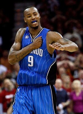 CLEVELAND - MAY 20:  Rashard Lewis #9 of the Orlando Magic celebrates after hitting a shot late in the game giving the Magic the lead against the Cleveland Cavaliers in Game One of the Eastern Conference Finals during the 2009 Playoffs at Quicken Loans Ar