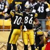 PITTSBURGH, PA - OCTOBER 18: Hines Ward #86 of the Pittsburgh Steelers celebrates with Santonio Holmes #10 after a first half touchdown against the Cleveland Browns at Heinz Field on October 18, 2009 in Pittsburgh, Pennsylvania. (Photo by Joe Robbins/Gett