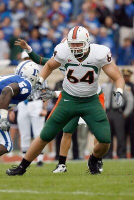 DURHAM, NC - OCTOBER 18:  Jason Fox #64 of the Miami Hurricanes moves to block during the game against the Duke Blue Devils at Wallace Wade Stadium on October 18, 2008 in Durham, North Carolina.  (Photo by Kevin C. Cox/Getty Images)