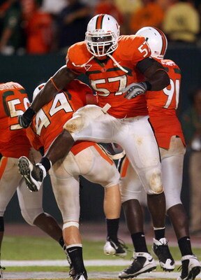 FORT LAUDERDALE, FL - SEPTEMBER 17:  Defensive lineman Allen Bailey #57 and linebacker Colin McCarthy #44 of the Miami Hurricanes celebrate after scoring a safety against the Georgia Tech Yellow Jackets at Land Shark Stadium on September 17, 2009 in Fort 