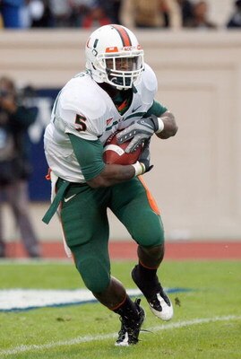 DURHAM, NC - OCTOBER 18:  Javarris James #5 of the Miami Hurricanes carries the ball during the game against the Duke Blue Devils at Wallace Wade Stadium on October 18, 2008 in Durham, North Carolina.  (Photo by Kevin C. Cox/Getty Images)