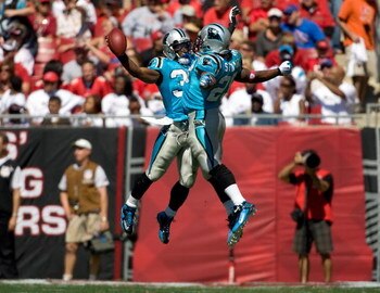 TAMPA, FL - OCTOBER 18:  Safety Charles Godfrey #30 and running back Jonathan Stewart #28 of the Carolina Panthers celebrate a turnover against the Tampa Bay Buccaneers during the game at Raymond James Stadium on October 18, 2009 in Tampa, Florida.  (Phot