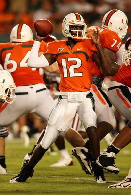 FORT LAUDERDALE, FL - OCTOBER 03: Quarterback Jacory Harris #12 of the Miami Hurricanes throws a pass against the Oklahoma Sooners at Land Shark Stadium on October 3, 2009 in Fort Lauderdale, Florida. Miami defeated Oklahoma 21-20. (Photo by Doug Benc/Get