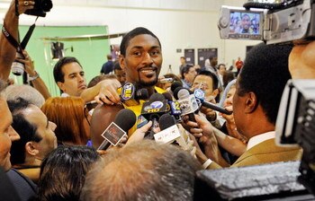 EL SEGUNDO, CA - SEPTEMBER 29: Ron Artest #37 of the Los Angeles Lakers speaks to reporters during Lakers media day at the Lakers training facility on September 29, 2009 in El Segundo, California.  NOTE TO USER: User expressly acknowledges and agrees that