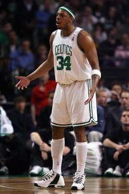 BOSTON - MAY 12:  Paul Pierce #34 of the Boston Celtics reacts after a foul is called against him in the first quarter against the Orlando Magic in Game Five of the Eastern Conference Semifinals during the 2009 NBA Playoffs at TD Banknorth Garden May 12, 