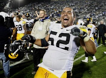 STATE COLLEGE, PA - SEPTEMBER 26:  Rafael Eubanks #52 of the Iowa Hawkeyes celebrates a 21-10 victory over the Penn State Nittnay Lions on September 26, 2009 at Beaver Stadium in State College, Pennsylvania.  (Photo by Gregory Shamus/Getty Images)