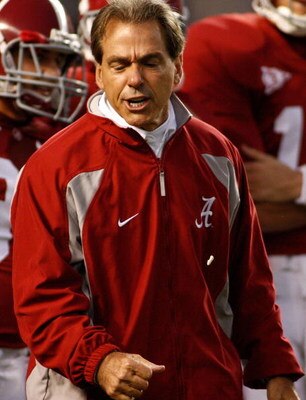 TUSCALOOSA - OCTOBER 17:  Head coach Nick Saban of the Alabama Crimson Tide spits his gum out while yelling at his team before the game against the South Carolina Gamecocks at Bryant-Denny Stadium on October 17, 2009 in Tuscaloosa, Alabama.  The Crimson T