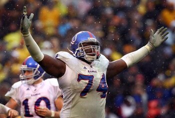 KANSAS CITY, MO - NOVEMBER 29:  Jeff Spikes #74 of the Kansas Jayhawks celebrates after a  touchdown during the final minutes of the game against the Missouri Tigers on November 29, 2008 at Arrowhead Stadium in Kansas City, Missouri.  (Photo by Jamie Squi