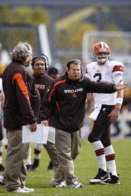 PITTSBURGH, PA - OCTOBER 18: Head coach Eric Mangini of the Cleveland Browns argues with an official during the game against the Pittsburgh Steelers at Heinz Field on October 18, 2009 in Pittsburgh, Pennsylvania. The Steelers defeated the Browns 27-14. (P