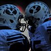 SAN DIEGO - OCTOBER 17:  Max Hall #15 and Jo Jo Pili #26 of BYU Cougars celebrate a touchdown against San Diego State Aztecs at Qualcomm Stadium on October 17, 2009 in San Diego, California.  (Photo by Jacob de Golish/Getty Images)