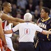 OAKLAND, CA - JANUARY 11: Danny Granger #33 of the Indiana Pacers argues with Marco Belinelli #18 and Anthony Randolph #4 of the Golden State Warriors during an NBA game on January 11, 2009 at Oracle Arena in Oakland, California. Granger and Belinelli wer