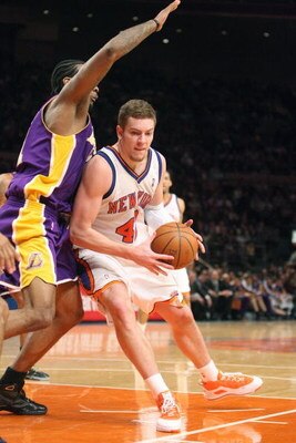 NEW YORK - FEBRUARY 2:  David Lee #42 of the New York Knicks drives the ball against the Los Angeles Lakers on February 2, 2009 at Madison Square Garden in New York City. NOTE TO USER: User expressly acknowledges and agrees that, by downloading and or usi