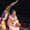 NEW YORK - FEBRUARY 2:  David Lee #42 of the New York Knicks drives the ball against the Los Angeles Lakers on February 2, 2009 at Madison Square Garden in New York City. NOTE TO USER: User expressly acknowledges and agrees that, by downloading and or usi