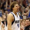 DALLAS - MAY 11:  Forward Dirk Nowtizki #41 of the Dallas Mavericks reacts after scoring to take a two-point lead against the Denver Nuggets in Game Four of the Western Conference Semifinals during the 2009 NBA Playoffs at American Airlines Center on May 