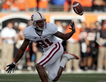 CORVALLIS, OR - OCTOBER 10: Stanford Cardinals wide receiver Chris Owusu #81 bobbles and drops a pass in the first quarter of the game against the Oregon State Beavers at Reser Stadium on October 10, 2009 in Corvallis, Oregon. (Photo by Steve Dykes/Getty 