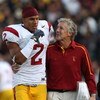 BERKELEY, CA - OCTOBER 03:  Head coach Pete Carroll of the USC Trojans talks with Taylor Mays #2 against the California Golden Bears at Memorial Stadium on October 3, 2009 in Berkeley, California.  (Photo by Jed Jacobsohn/Getty Images)