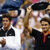 NEW YORK - SEPTEMBER 14:  (L-R) Juan Martin Del Potro of Argentina and Roger Federer of Switzerland pose with their trophies after the Men's Singles final on day fifteen of the 2009 U.S. Open at the USTA Billie Jean King National Tennis Center on Septembe