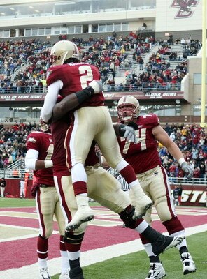 CHESTNUT HILL, MA - OCTOBER 17:  Montel Harris #2 of the Boston College Eagles celebrates his touchdown with Thomas Claiborne #78 and Anthony Castonzo #74 in the first half against the North Carolina State Wolfpack on October 17, 2009 at Alumni Stadium in