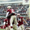 CHESTNUT HILL, MA - OCTOBER 17:  Montel Harris #2 of the Boston College Eagles celebrates his touchdown with Thomas Claiborne #78 and Anthony Castonzo #74 in the first half against the North Carolina State Wolfpack on October 17, 2009 at Alumni Stadium in