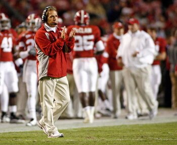 TUSCALOOSA - OCTOBER 17:  Head coach Nick Saban of the Alabama Crimson Tide celebrates a field goal during the game against the South Carolina Gamecocks at Bryant-Denny Stadium on October 17, 2009 in Tuscaloosa, Alabama.  The Crimson Tide beat the Gamecoc