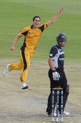 CENTURION, SOUTH AFRICA - OCTOBER 05: Mitchell Johnson of Australia celebrates the wicket of Ross Taylor of New Zealand during the ICC Champions Trophy final match between Australia and New Zealand from SuperSport Park on October 05, 2009 in Centurion, So