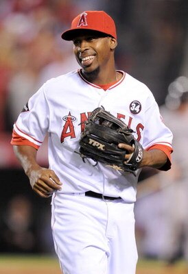 ANAHEIM, CA - OCTOBER 08:  Chone Figgins #9 of the Los Angeles Angels of Anaheim walks off the field after the final out in the sixth inning against the Boston Red Sox in Game One of the ALDS during the 2009 MLB Playoffs at Angel Stadium on October 8, 200