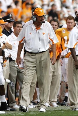 KNOXVILLE, TN - SEPTEMBER 12: Monte Kiffin, defensive coordinator of the Tennessee Volunteers looks on against the UCLA Bruins on September 12, 2009 at Neyland Stadium in Knoxville, Tennessee. UCLA beat Tennessee 19-15. (Photo by Joe Murphy/Getty Images)