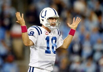 NASHVILLE, TN - OCTOBER 11:  Peyton Manning #18 of the Indianapolis Colts gestures to the sideline during the NFL game against the Tennessee Titans at LP Field on October 11, 2009 in Nashville, Tennessee. The Colts defeated the Titans 31-9.  (Photo by And