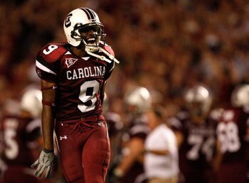 COLUMBIA, SC - SEPTEMBER 24:  Moe Brown #9 of the South Carolina Gamecocks celebrates with fans after a 16-10 victory over the Ole Miss Rebels after their game at Williams-Brice Stadium on September 24, 2009 in Columbia, South Carolina.  (Photo by Streete
