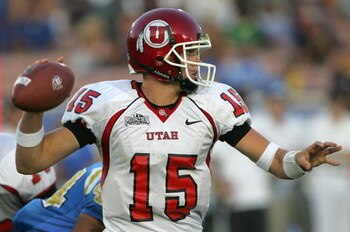 PASADENA, CA - SEPTEMBER 02:  Quarterback Brett Ratliff #15 of the Utah Utes drops back to pass against the UCLA Bruins during the college football game held on Septemeber 2, 2006 at the Rose Bowl in Pasadena, California.  The Bruins defeated the Utes 31-