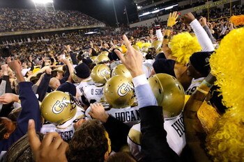 ATLANTA - OCTOBER 17:  Fans cheer after the Georgia Tech Yellow Jackets 28-23 win over the Virginia Tech Hokies at Bobby Dodd Stadium on October 17, 2009 in Atlanta, Georgia.  (Photo by Kevin C. Cox/Getty Images)