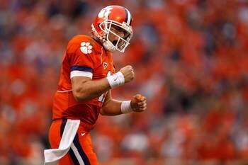 CLEMSON, SC - SEPTEMBER 26:  Kyle Parker #11 of the Clemson Tigers celebrates after his team scores a touchdown against the TCU Horned Frogs during their game at Memorial Stadium on September 26, 2009 in Clemson, South Carolina.  (Photo by Streeter Lecka/