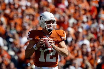 DALLAS - OCTOBER 17:  Quarterback Colt McCoy #12 of the Texas Longhorns at Cotton Bowl on October 17, 2009 in Dallas, Texas.  (Photo by Ronald Martinez/Getty Images)