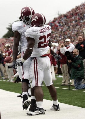 OXFORD, MS - OCTOBER 10:  Mark Ingram #22 and Julio Jones #8 of the Alabama Crimson Tide react after Ingram scored on a 36-yard touchdown during their game against the Mississippi Rebels at Vaught-Hemingway Stadium on October 10, 2009 in Oxford, Mississip