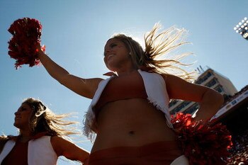 DALLAS - OCTOBER 17:  A Texas Longhorns cheerleader performs during a game against the Oklahoma Sooners at Cotton Bowl on October 17, 2009 in Dallas, Texas.  (Photo by Ronald Martinez/Getty Images)