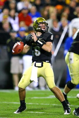 BOULDER, CO - OCTOBER 17: Tyler Hansen #9 of the Colorado Buffaloes looks to throw the ball against the Kansas Jayhawks during the game at Folsom Field on October 17, 2009 in Boulder, Colorado. (Photo by Garrett W. Ellwood/Getty Images)