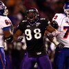 SAN DIEGO, CA - DECEMBER 23:  Defensive End Jerry Hughes #98 of the TCU Horned Frogs celebrates his sack Quarterback Kellen Moore #11 of Boise State Broncos during Frogs' 17-16 win over the Broncos in the San Diego County Credit Union Poinsettia Bowl at Q
