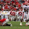 JACKSONVILLE, FL - NOVEMBER 01:  Split end Kenneth Harris #88 of the Georgia Bulldogs reacts after missing a wide open catch in front of linebackers Ryan Stamper #41 and Brandon Spikes #51 of the Florida Gators at Jacksonville Municipal Stadium on Novembe