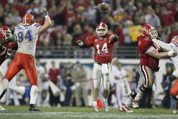 Quarterback David Greene #14 of the Georgia Bulldogs throws a pass during the game against the Florida Gators at Alltel Stadium on November 2, 2002 in Jacksonville, Florida.  The Gators won 20-13  (Photo by Andy Lyons/Getty Images)