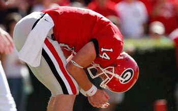 ATHENS, GA - OCTOBER 03: Quarterback Joe Cox #14 of the Georgia Bulldogs reacts after nearly throwing an interception to the Louisiana State University Tigers at Sanford Stadium on October 3, 2009 in Athens, Georgia. (Photo by Kevin C. Cox/Getty Images)