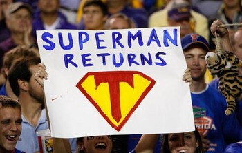 BATON ROUGE, LA - OCTOBER 10:  A fan of the Florida Gators holds up a sign about quarterback Tim Tebow #15 (not pictured) during the game against the Louisiana State University Tigers at Tiger Stadium on October 10, 2009 in Baton Rouge, Louisiana.  (Photo