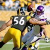 PITTSBURGH - OCTOBER 25: Brett Favre #4 of the Minnesota Vikings is trapped by LaMarr Woodley #56 and James Harrison #92 of the Pittsburgh Steelers at Heinz Field on October 25, 2009 in Pittsburgh, Pennsylvania.  (Photo by Rick Stewart/Getty Images)