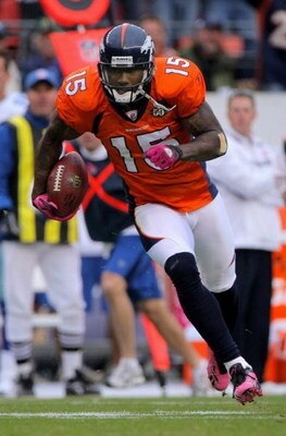 DENVER - OCTOBER 04:  Brandon Marshall #15 of the Denver Broncos goes 51 yards for the game winning touchdown reception against the Dallas Cowboys with 2:47 remaining in the fourth quarter during NFL action at Invesco Field at Mile High on October 4, 2009