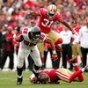 SAN FRANCISCO - OCTOBER 11:  Tony Gonzalez #88 of the Atlanta Falcons tries to get away from San Francisco 49esr defenders at Candlestick Park on October 11, 2009 in San Francisco, California.  (Photo by Ezra Shaw/Getty Images)