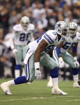 IRVING, TX - DECEMBER 20:  DeMarcus Ware #94 of the Dallas Cowboys lines up on defense during their NFL game against the Baltimore Ravens at Texas Stadium on December 20, 2008 in Irving, Texas. The Ravens defeated the Cowboys 33-24. (Photo by Ronald Marti