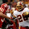 LANDOVER, MD - OCTOBER 18:  Mike Brown #30 of the Kansas City Chiefs tackles Clinton Portis #26 of the Washington Redskins during their game October 18, 2009 at FedEx Field in Landover, Maryland.The Chiefs won the game 14-6.  (Photo by Win McNamee/Getty I